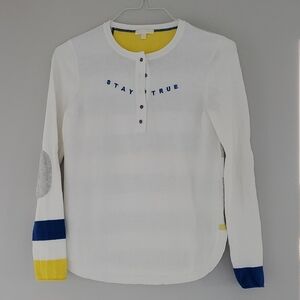 White Long Sleeve Shirt with Blue and Yellow Details